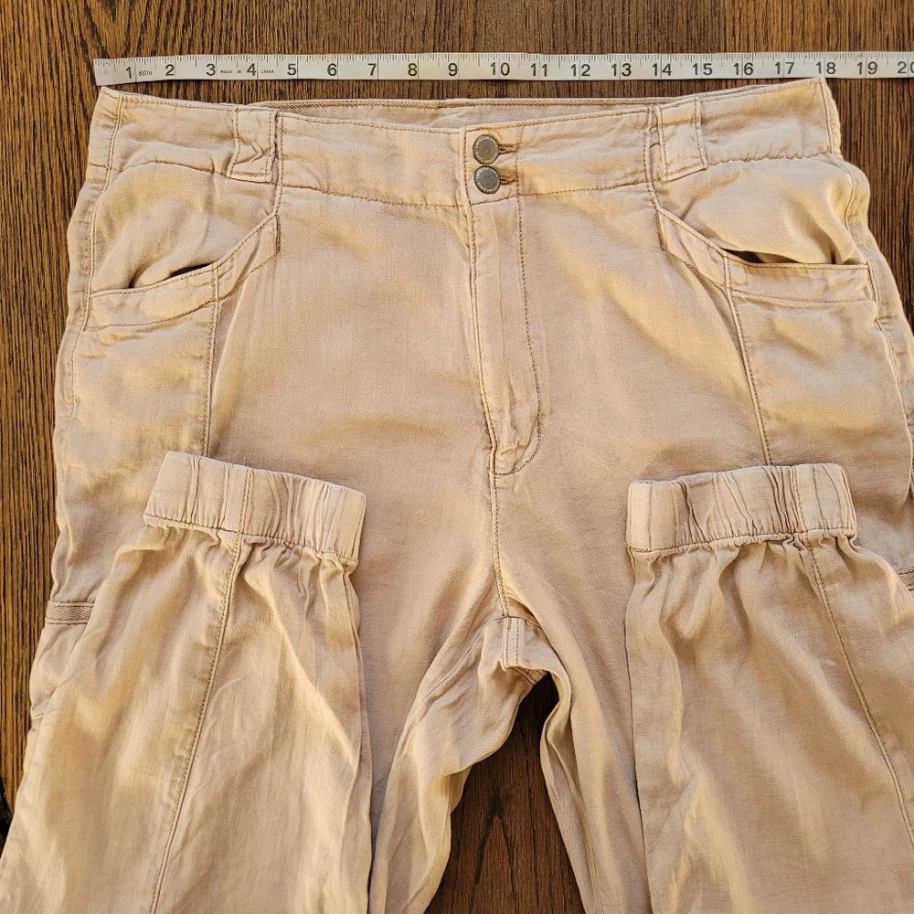 American Eagle Tan Linen Blend Cargo Elastic Cuff Joggers Size Women 16 - Picture 7 of 13